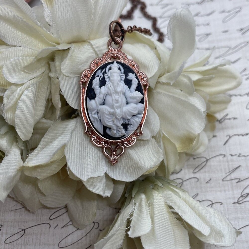 ROSE GOLD Ganesha God Luck New Beginnings Indian Necklace CAMEO Pendant Gift